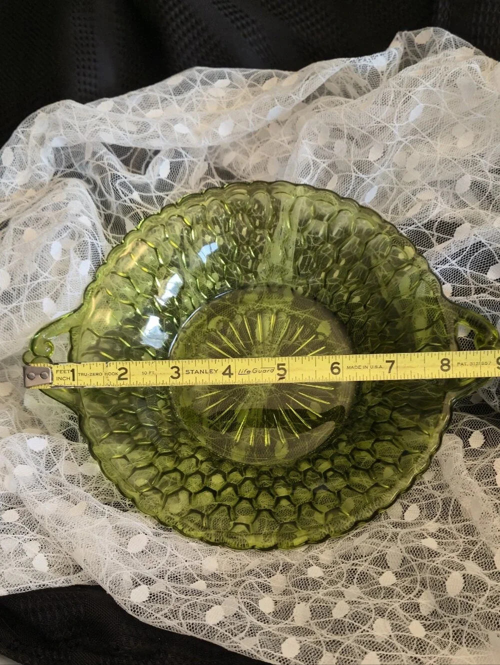 Vintage Indiana Glass Avocado Green Handled Honeycomb Design Serving Bowl